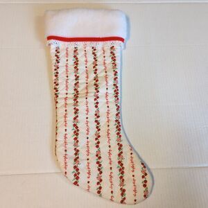 Lanz of Salzburg Christmas Stocking White Red Strawberries Flannel Fleece Vtg